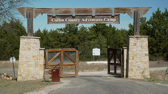 Main entrance to Collin County youth adventure camp facility